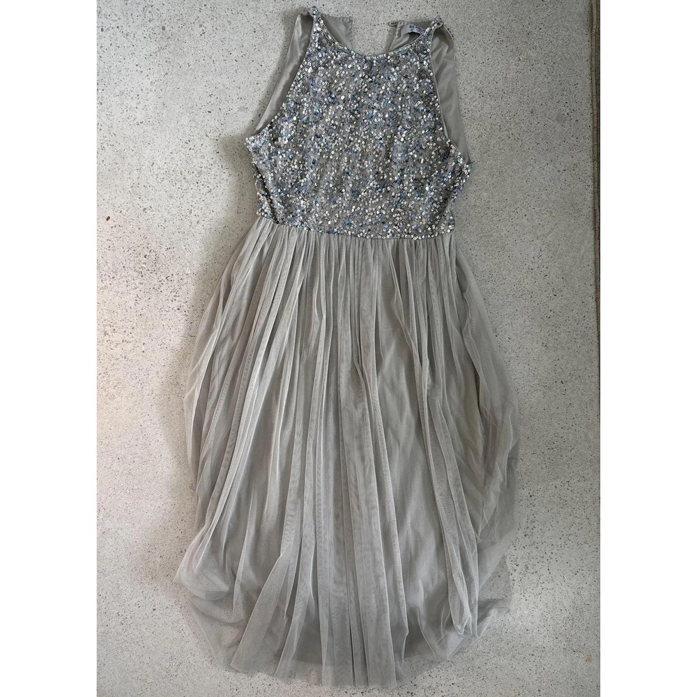 ASOS Beautt Silver Sequin Tulle Dress UK 14 US 10 Sleeveless Party Cocktail‎
